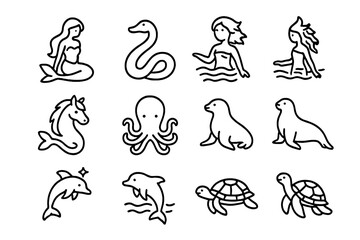 Mystical Sea Creatures. Outline icon set of Aquatic magical animals: mermaid, sea serpent, water nymph, kelpie