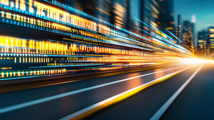 Digital data streams flowing through a futuristic cityscape at night