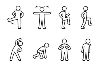 Fitness Warm-up Icons. Outline icon set of Fitness warm-up: leg swings, arm circles, high knees, lunges, side