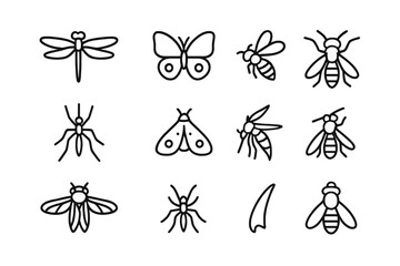 Winged Insect Icon Set. Outline icon set of Winged insects: dragonfly wings, butterfly silhouette, bee in