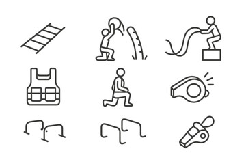 Outdoor Circuit Icons. Outline icon set of Circuit training outdoors: agility ladder, medicine ball slam,