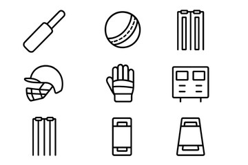 Cricket Icon Set. Outline icon set of Cricket: cricket bat, ball, wickets, helmet, gloves, scoreboard, stumps,