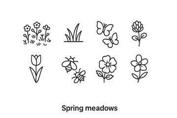 Spring Meadow Icons. Outline icon set of Spring meadows: blooming meadow, grass blades, butterflies, clover