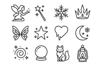 Magical Winter Icons. Outline icon set of magical winter: fairy with snow, glowing wand, enchanted snowflake,