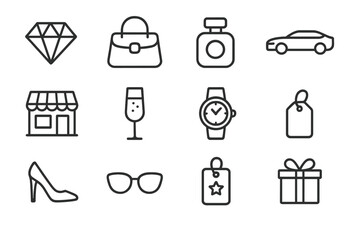 Luxury Shopping Icons. Outline icon set of luxury shopping: jewelry diamond, fashion bag, perfume bottle,