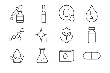 Cosmetic Serum Icons. Outline icon set of cosmetic serums: dropper bottle, ampoule, vitamin C icon, hyaluronic