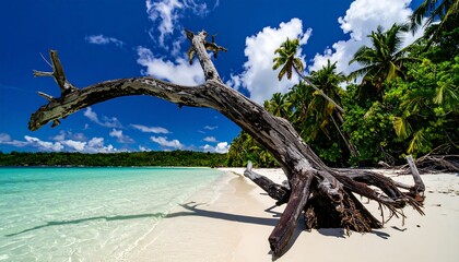 Tropical beach scene with a dead tree