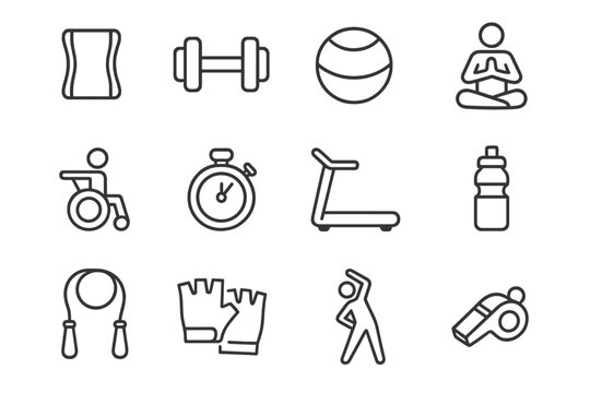 Adaptive Fitness Icons. Outline icon set of adaptive fitness: resistance band, dumbbell, exercise ball, yoga