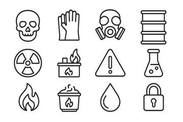 Hazardous Waste Icons. Outline icon set of hazardous waste treatment: skull symbol, protective gloves, gas