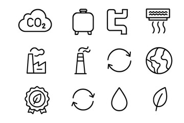 Carbon Capture Icons. Outline icon set of carbon capture: CO2 cloud, storage tank, pipe system, filter,