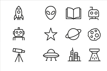 Sci-Fi Bookstore Icons. Outline icon set of science fiction bookstores: rocket, alien, open book, robot, star,