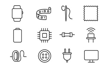 Wearable Tech Icons. Outline icon set of wearable electronics: smartwatch, LED strip, sewing needle, fabric,