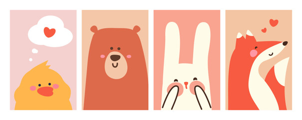 Cute animals cards. Wall art, blanket, print design. Vector illustration.