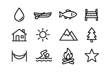 Lake Retreat Icons. Outline icon set of lake retreats: water droplet, boat, fish, pier, cabin, sun, mountain,