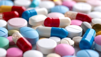 Assorted pills closeup, medical background