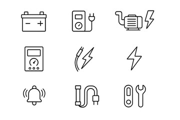 Battery Backup Icons. Outline icon set of battery backup for pumps: battery, charger, pump motor, control