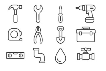 Home Repair Tools Icons. Outline icon set of home repair tools: hammer, wrench, screwdriver, drill, tape