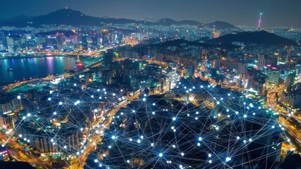 Global business connections illustrated by a network map over a vibrant cityscape at night, Global business concept of connections and information transfer in the world from singapore - Powered by Adobe