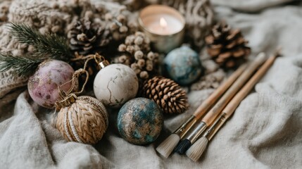 Customized Christmas ornaments carefully arranged in a flat lay with natural elements and artistic tools during the holiday season