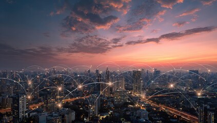 Obraz premium Cityscape At Dusk Aerial View Illuminated Buildings With Orange And Blue Sky