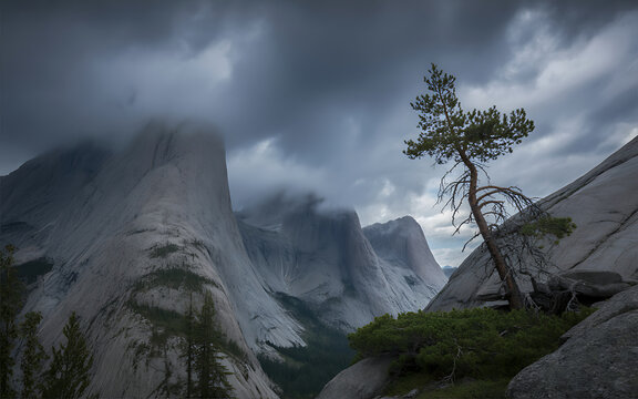 Dramatic stormy sky over yosemite valley granite cliffs - Powered by Adobe