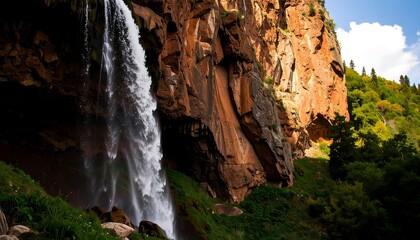 Waterfall cascading down red rock face