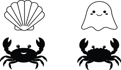 shell, ghost, crab, silhouette, cartoon, marine, Halloween, cute, smiling, claws, sea, ocean, spooky, icon, vector, black, white, character, decorative, theme