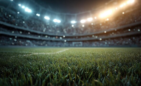 Close Up Of Stadium Grass Field And Blur Spectators In A Floodlit Environment