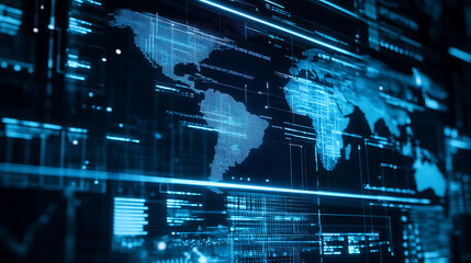 Digital world map displayed on a high-tech interface with data streams and global network connections
