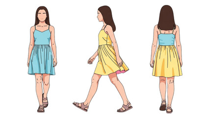 Vector Illustration of Teenage Girl Silhouette Front Side Back View Walking in Summer Clothes AI EPS PNG