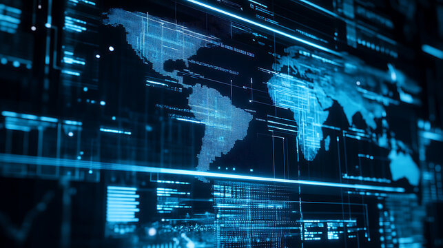 Digital world map displayed on a high-tech interface with data streams and global network connections - Powered by Adobe