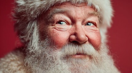 Close up portrait of a joyful elderly man with a white beard and Santa Claus hat, smiling warmly against a red background capturing the true spirit of Christmas and New Year cheer