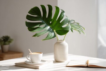 A minimal desk setup with a single large monstera leaf in a vase. An employee sipping coffee while checking their schedule. The mood feels calm.