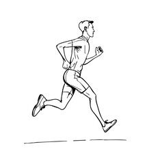 Obraz premium A dynamic black and white line art illustration depicts a male runner in motion, showcasing an active and athletic individual mid-stride with visible energy