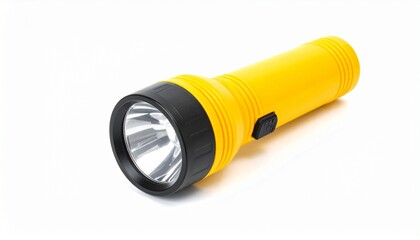 Yellow flashlight with textured grip, black power switch, and reflective cone for focused light projection. A bold and functional design ideal for emergency gear branding, outdoor lifestyle editorials
