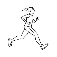 Fototapeta premium minimalist black and white line art illustration depicts a woman in athletic attire, with a ponytail, running or jogging in profile