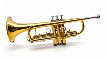Fototapeta premium Brass trumpet with golden body, silver mouthpiece, flared bell, and three piston valves, placed against a white background. A classic and elegant composition ideal for music-themed branding, editorial