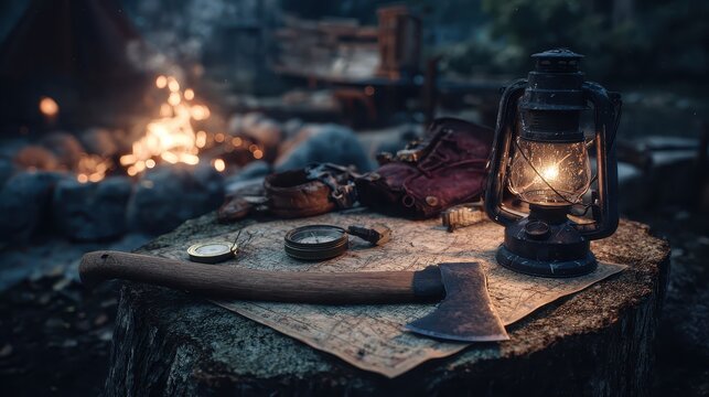 Camping Essentials - Axe, Lantern, and Map Under the Night Sky.