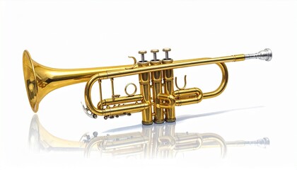 Obraz premium Brass trumpet with golden body, silver mouthpiece, flared bell, and three piston valves, placed against a white background. A classic and elegant composition ideal for music-themed branding, editorial