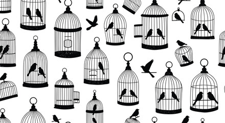 birdcage, bird, flying, perched, silhouette, freedom, captivity, escape, cage, open, closed, flock, vector, black, white, pattern, design, symbolic, decorative, theme
