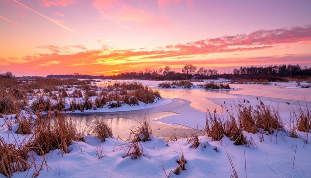 Hoar Frosted Spiderwebs Sparkling in Morning Light with Snow Covered Ground Orange Sky and Dead Grass Creating a Stunning Winter Landscape - Powered by Adobe