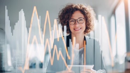 Confident financial analyst analyzes data in modern office with charts and graphs in view - Powered by Adobe