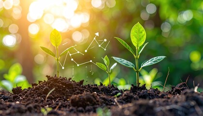 Seedlings emerge from soil, illuminated by sunlight, with an overlaid ascending digital graph symbolizing growth and progress toward the future