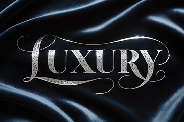 Elegant silver "LUXURY" typography shimmering on flowing dark blue satin fabric, embodying sophistication and high-end class for exclusive brand promotions.