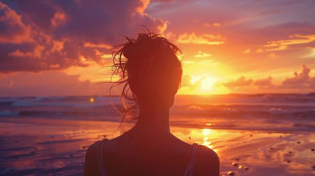 Silhouette portrait of a woman with messy bun on a beach at sunset, vibrant orange and purple sky, dramatic clouds, golden light highlighting hair edges, serene and striking.
