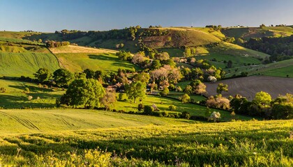 Rolling hills, vibrant green fields