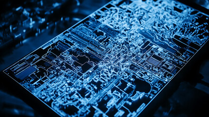 Digital blueprint of a city displayed on a tablet screen with glowing blue circuit-like patterns