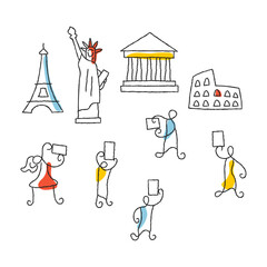 Tourists taking pictures of landmarks minimalist vector illustration