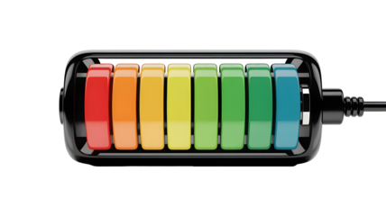 Vibrant battery icon showing full charge, colorful indicator, energy concept, power boost on transparent background