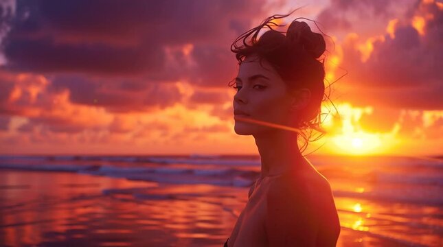 Silhouette portrait of a woman with messy bun on a beach at sunset, vibrant orange and purple sky, dramatic clouds, golden light highlighting hair edges, serene and striking.
